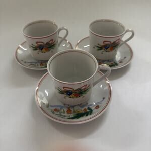 Vintage 3pc Set Salem China Christmas Eve Teacups and Saucers Holiday Dinnerware